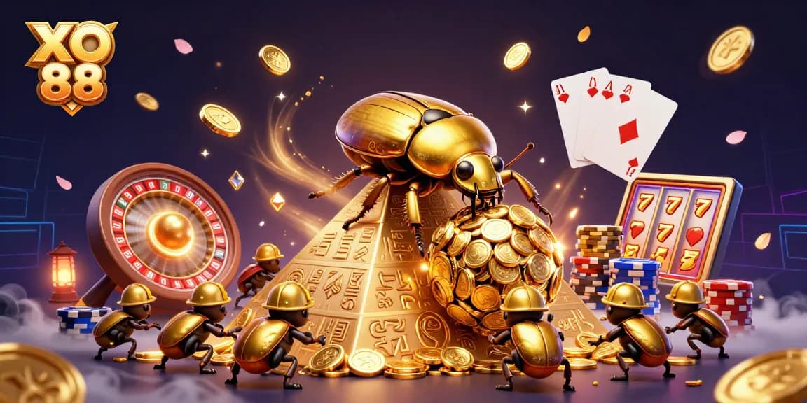 Experience the excitement of XO 88 with golden beetles and casino elements in a vibrant 3D scene.