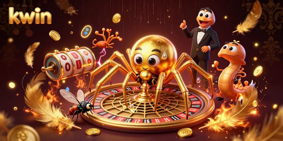 Experience the thrill of kwin with a golden spider spinning a roulette web and vibrant casino elements.