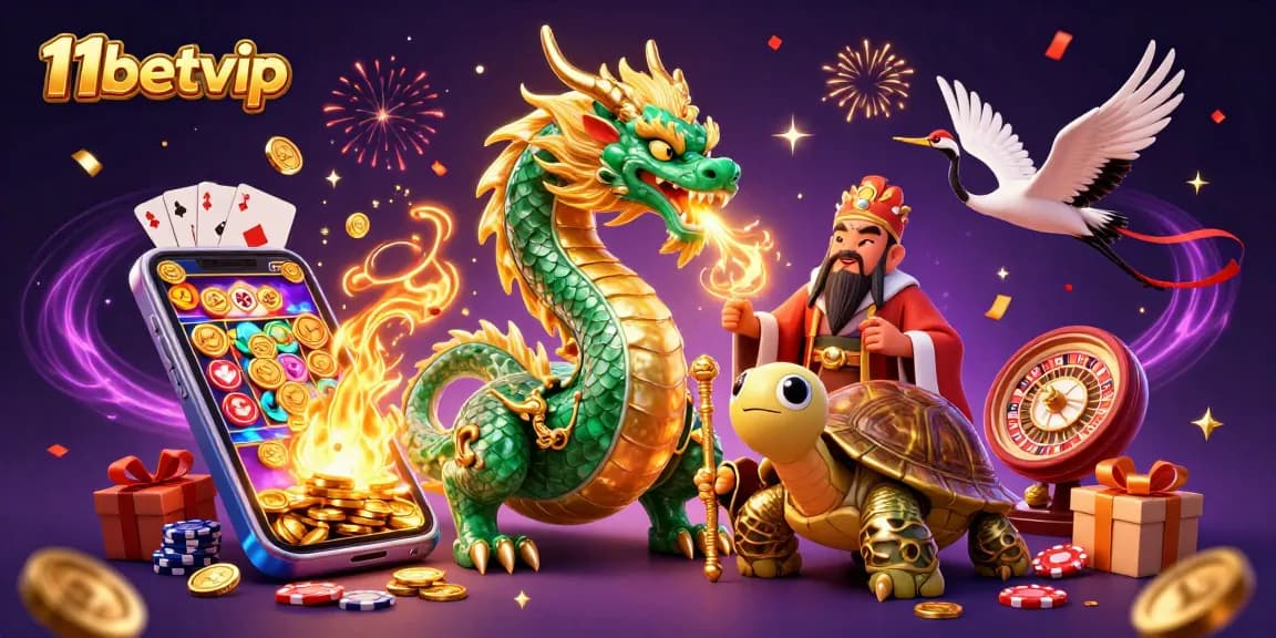 Experience the excitement of 11betvip with an emerald dragon, golden coins, and festive cranes!