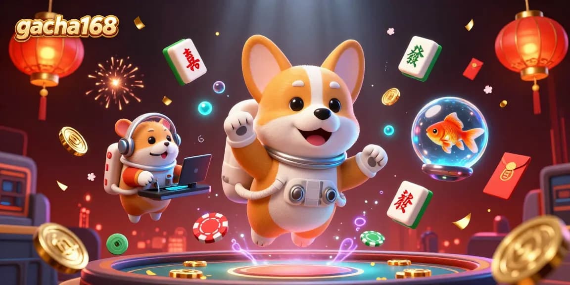 Experience the excitement at gacha168 with a corgi astronaut amidst floating casino delights.