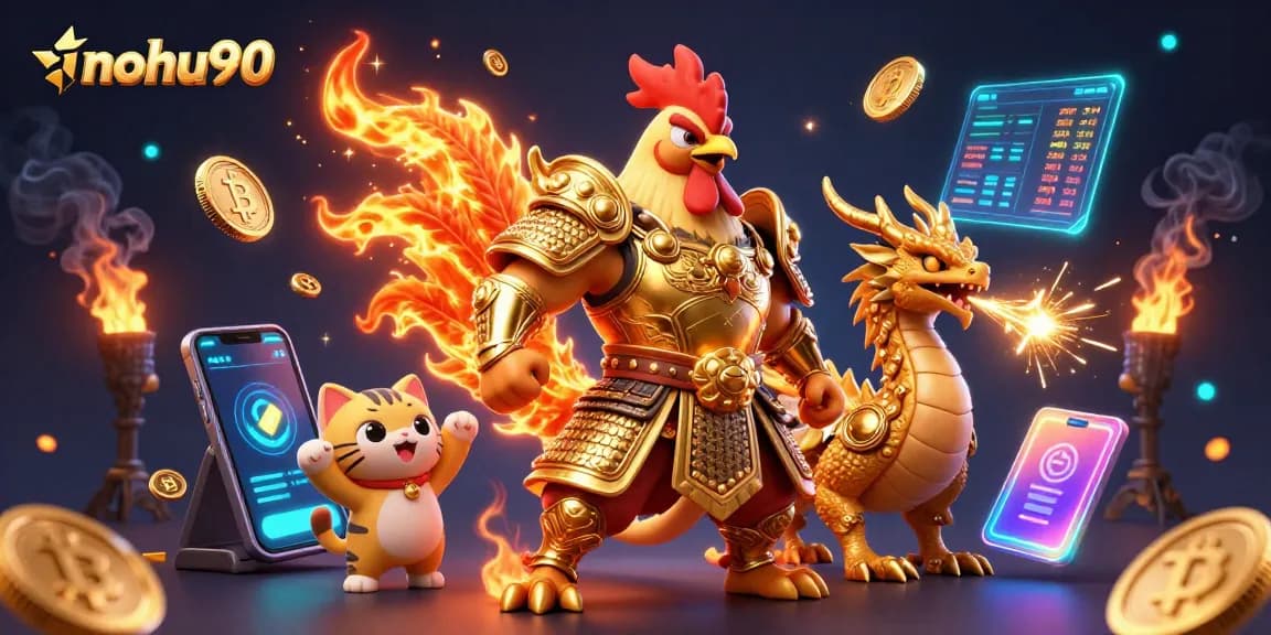 Engage in Nohu90's thrilling cockfighting scene with a warrior rooster and dragon amidst dynamic crypto graphics.