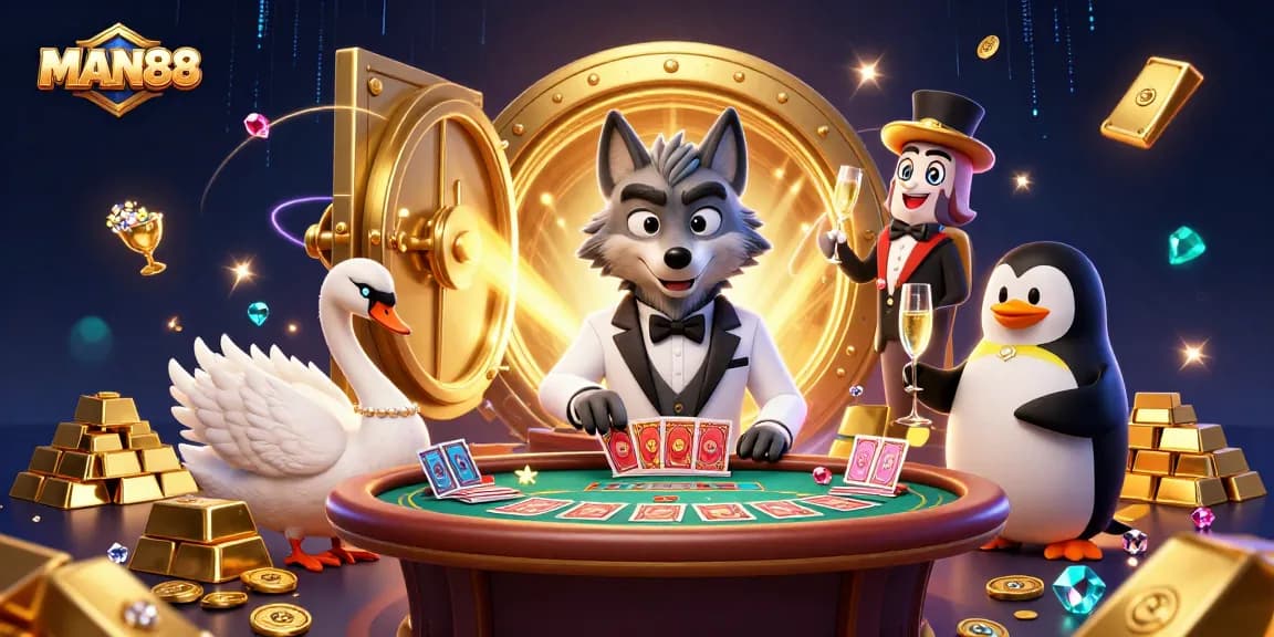 Engage with MAN88's glamorous baccarat experience featuring a debonair wolf, swan dealer, and penguin sommelier.