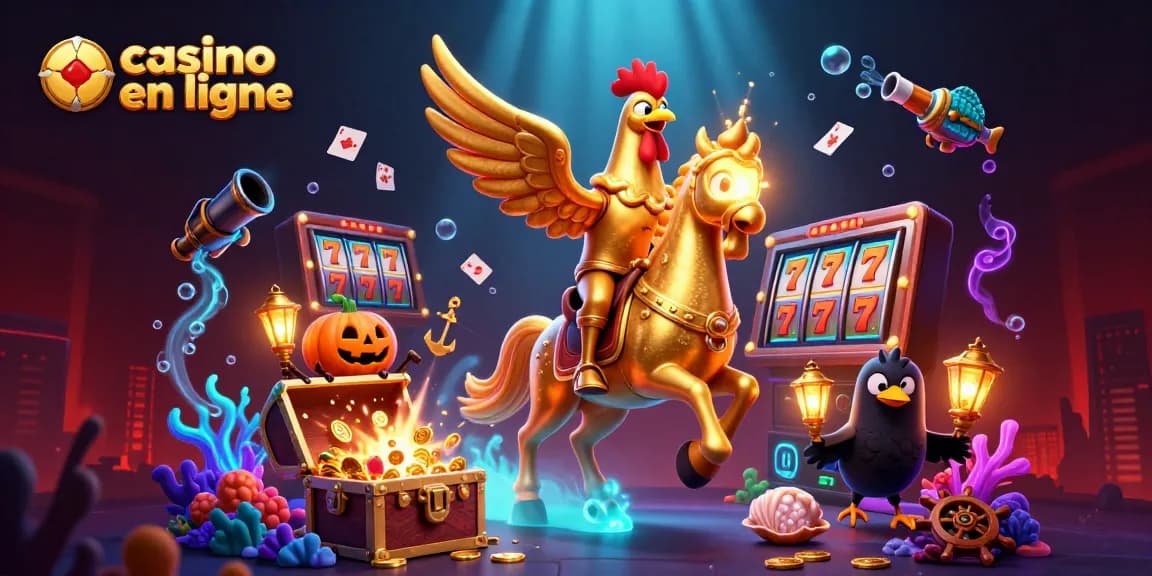 Jeu captivant dans un casino en ligne avec un coq d'or spectral illuminé et des éléments de machine à sous