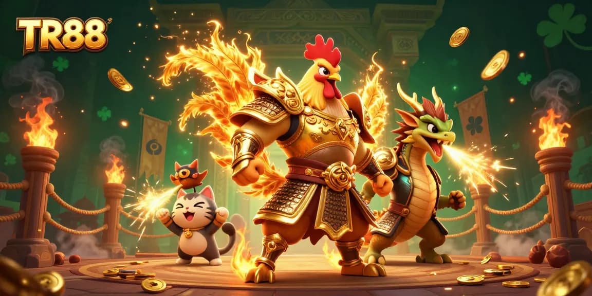 Engage in TR88's vibrant 3D battle scene featuring a rooster warrior and dragon hatchling.