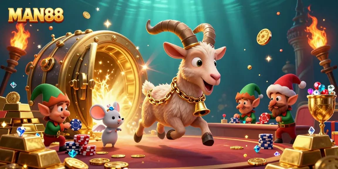 Experience thrilling casino action at MAN88 with festive characters amidst golden rewards and exciting gaming.