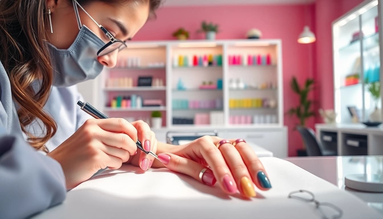 Sculpted nails being designed by a professional nail artist in a modern salon setting.
