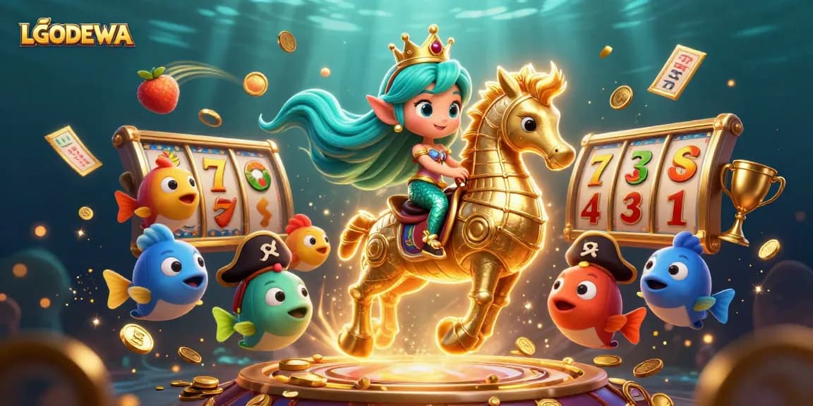 Experience thrilling slot action with LGODEWA's magical mermaid and seahorse amidst spinning reels and jackpots.
