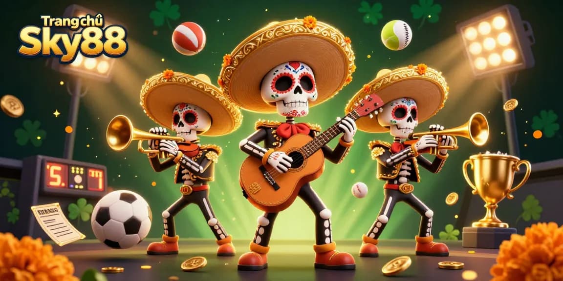 Win exciting prizes at Trang chủ Sky88 with a vibrant skeleton mariachi scene of gambling joy!