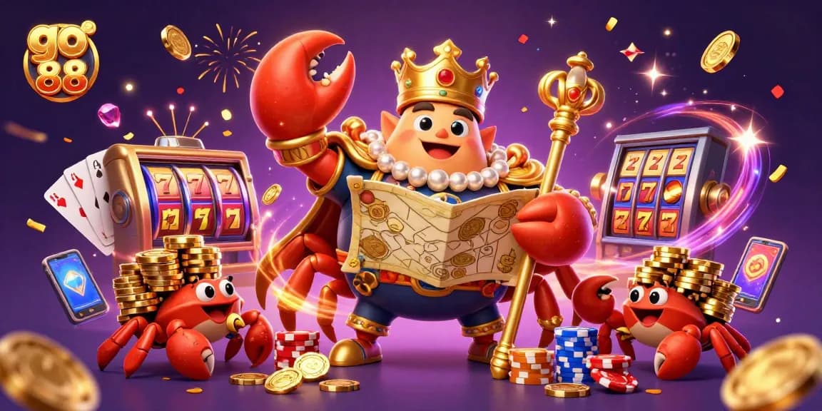Celebrate with the royal crab emperor in go 88-themed casino adventure, surrounded by treasures and jackpot excitement.
