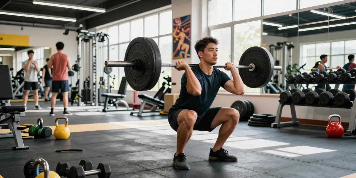 Dynamic fitness session at Somatrop Steroid Shop, showcasing a man lifting weights in an energetic gym.