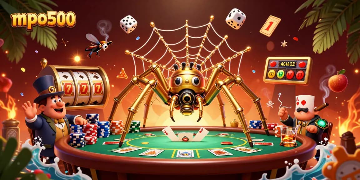 Catch lucky rewards with mpo500's golden spider and vibrant slot elements in a dynamic casino scene.