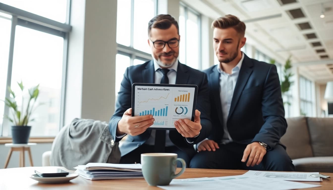 Consultation on merchant cash advance rates with a financial advisor in a modern office.