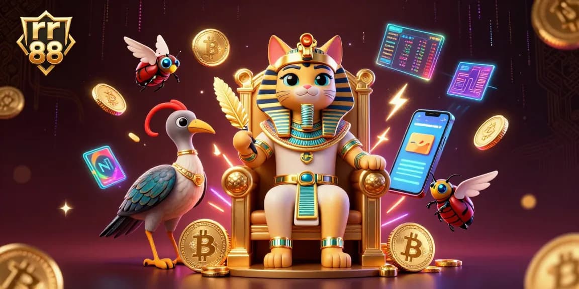 Engage in the rr 88 casino experience with vibrant characters amidst crypto elements.
