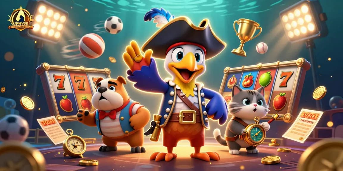 Ilustración 3D de nuevos casinos online con personajes animados y elementos de juego.