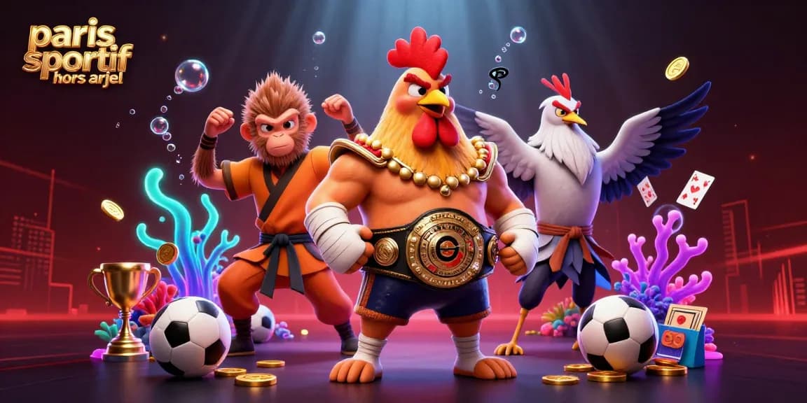 Illustration dynamique de paris sportif hors arjel avec un coq et un artiste martial en scène, entourés d'éléments sportifs.