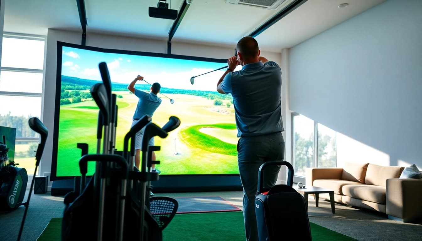 Experience a golf simulator setup with a golfer mid-swing and a vibrant display.