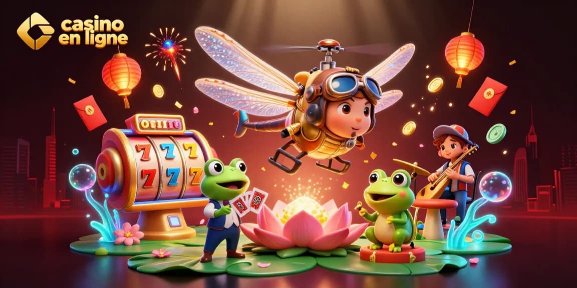Découvrez le monde féerique du casino en ligne avec un pilote libellule, un croupier grenouille et des jetons flottants.