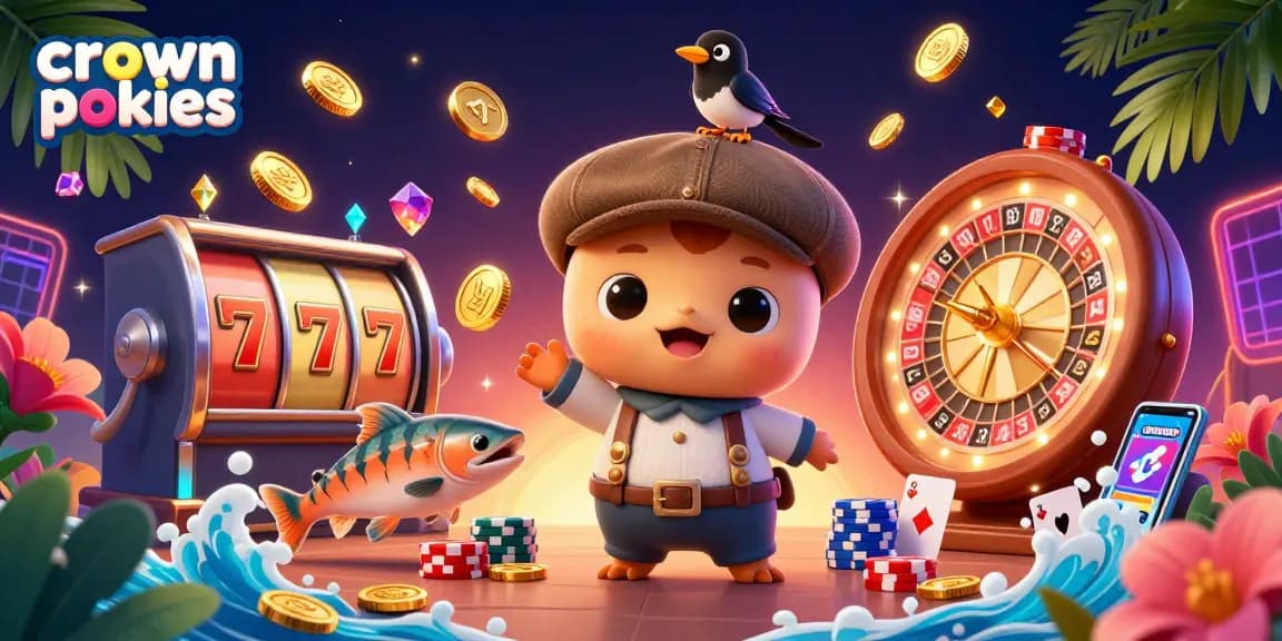 Experience thrilling crown pokies gameplay with festive 3D characters and casino elements.