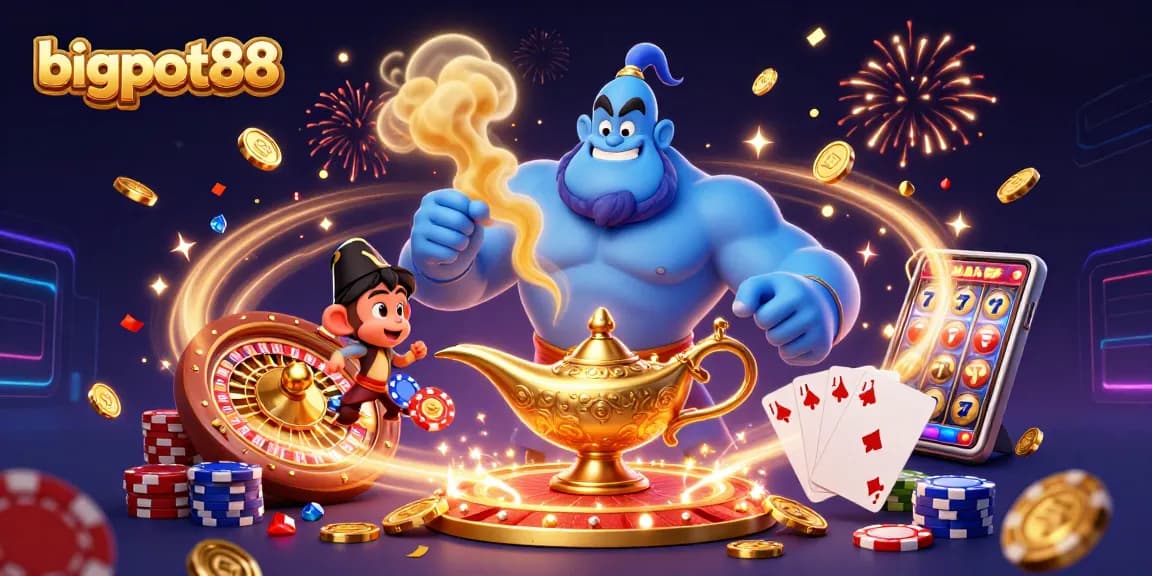 bigpot88 menghadirkan kekayaan melalui ilustrasi kasino penuh warna dan elemen perjudian.