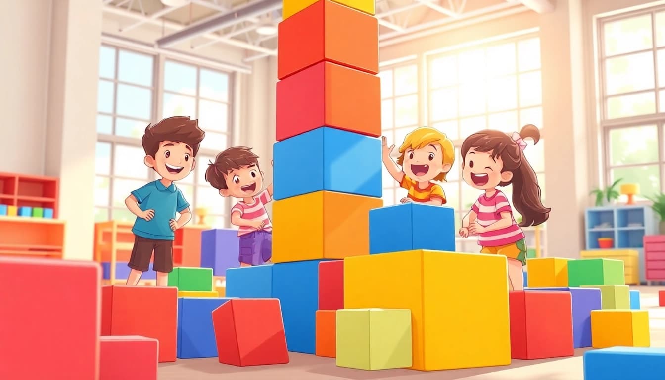 Find out more about children creating a tower with giant foam blocks indoors.