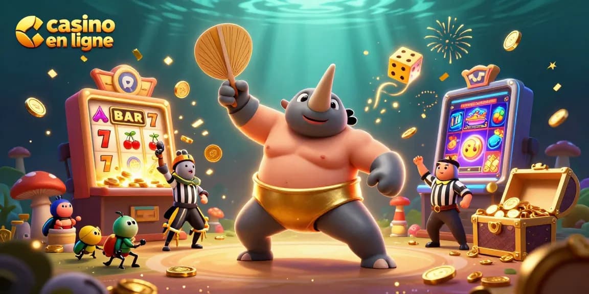Casino en ligne avec un rhinocéros sumo et des éléments de jeu animés en 3D, riches en détails.