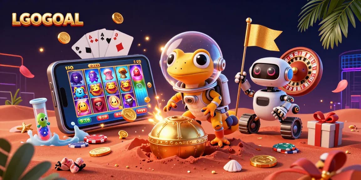 Experience the excitement of LGOGOAL with a Martian gecko uncovering a golden casino adventure.