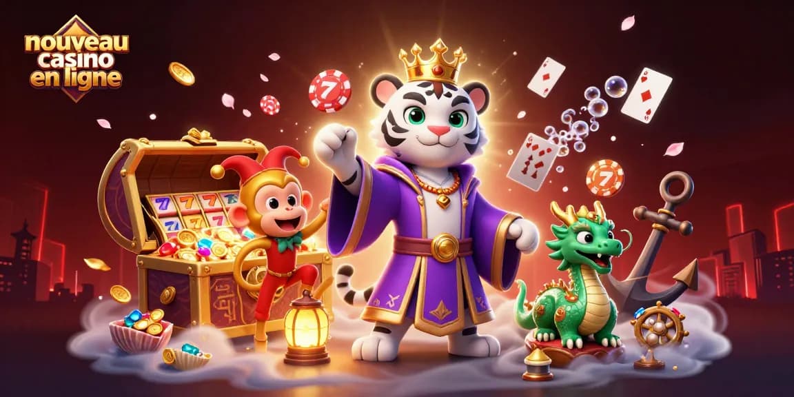 Illustration dynamique d'un nouveau casino en ligne avec un tigre, un singe farceur et un dragon en jade.