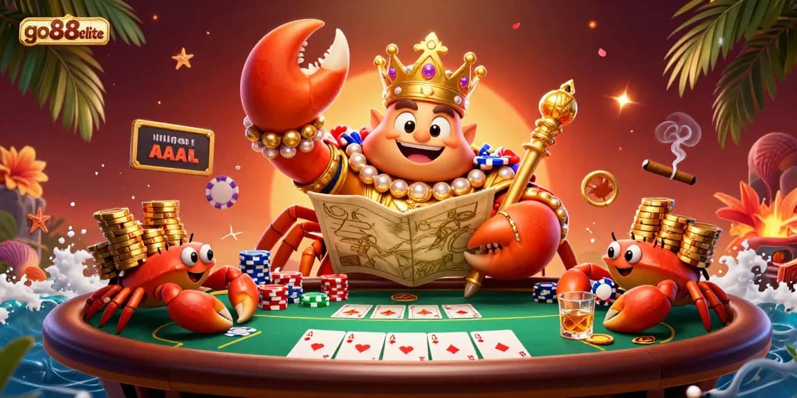 Engage with go88elite as a crab emperor leads a vibrant poker scene with treasure maps and chips.