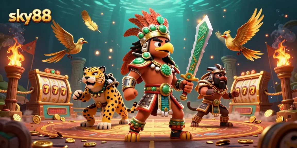 Engage with sky88's thrilling casino atmosphere featuring dynamic characters and exciting game symbols.