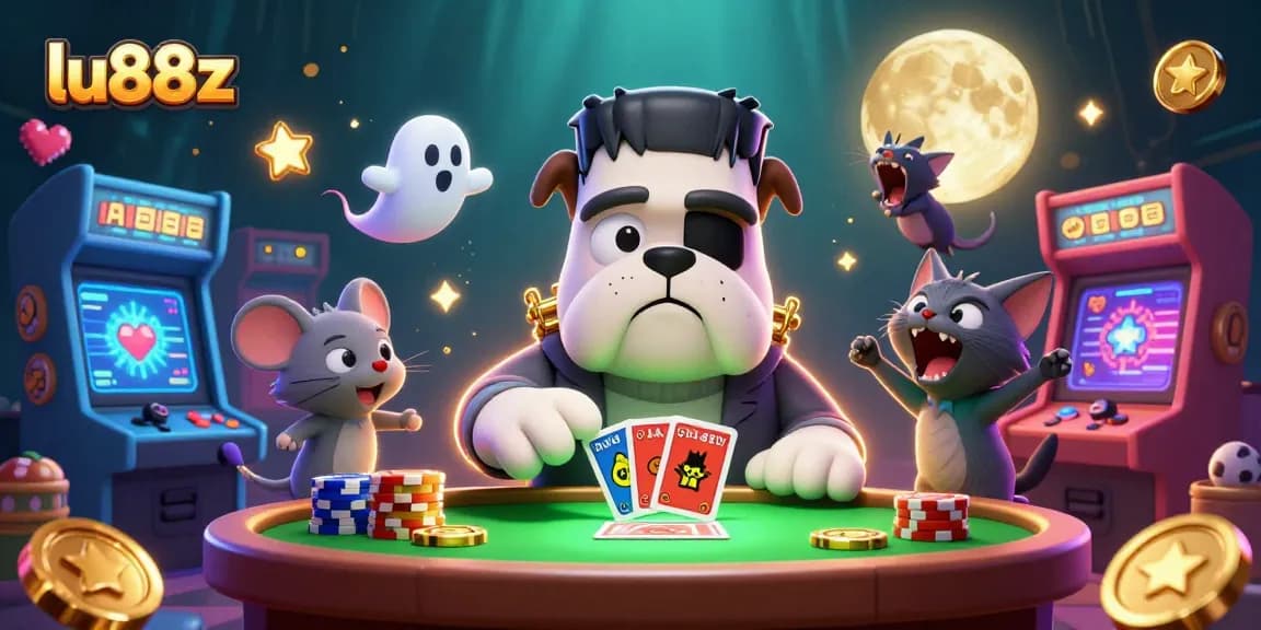 lu88z casino scene with cartoon characters dealing cards and playing at a vibrant game table
