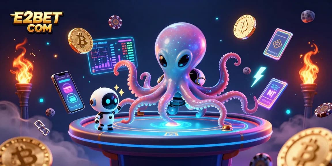 Join the fun with E2BET COM at a holographic poker table in a vibrant casino scene!