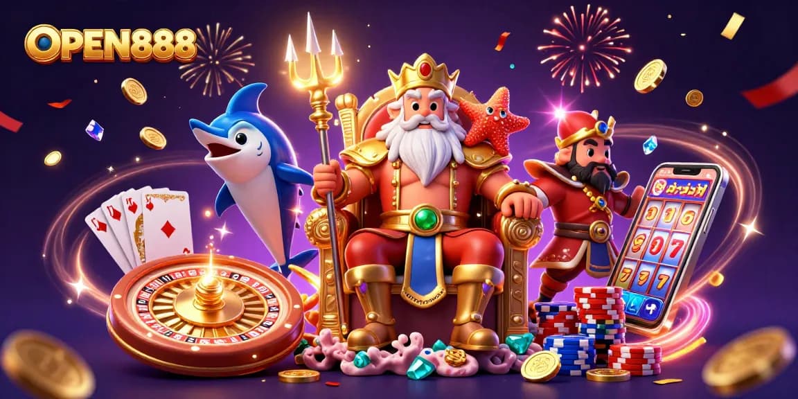 Participate in exciting gameplay at OPEN888 with vibrant casino elements and dynamic characters.