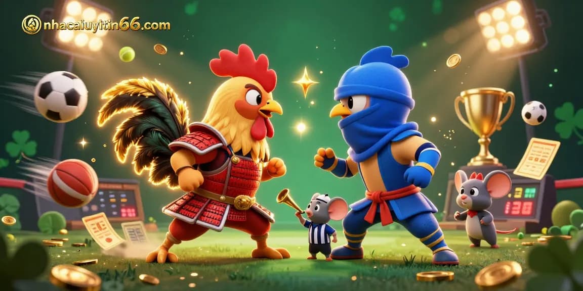 Engage with the exciting scene of twin roosters in a standoff, showcasing nhacaiuytin66com in a vibrant casino atmosphere.