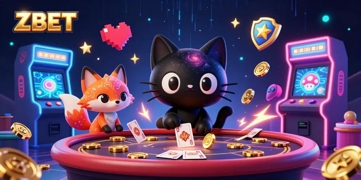 ZBET casino illustration featuring a black hole cat and nebula fox amidst colorful game elements