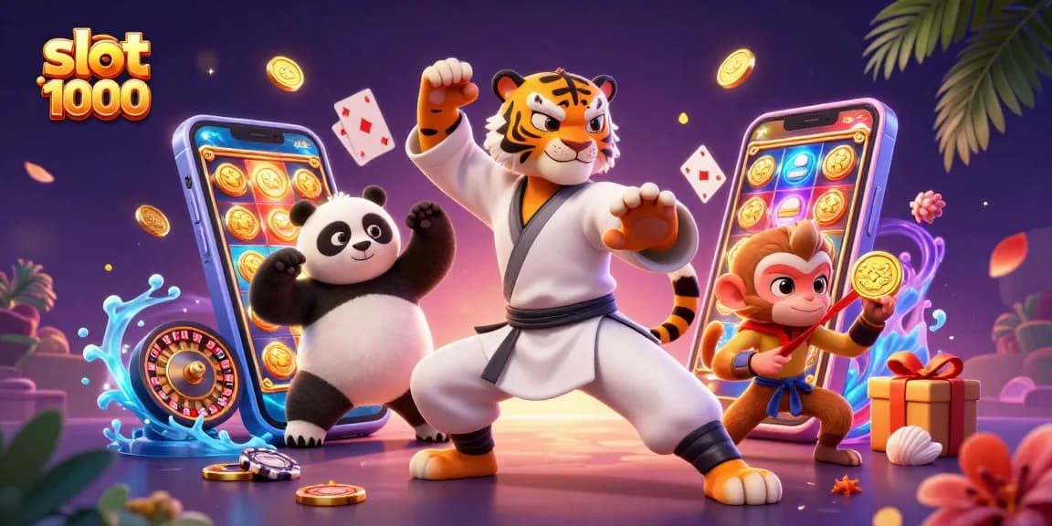 Slot 1000 ditampilkan dengan karakter kung fu dan elemen kasino yang memikat.