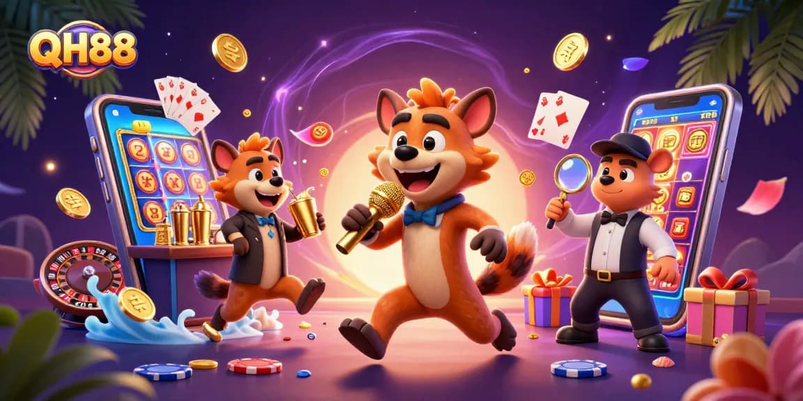 QH88 offers thrilling comedy casino action with hyenas in vibrant 3D illustration.