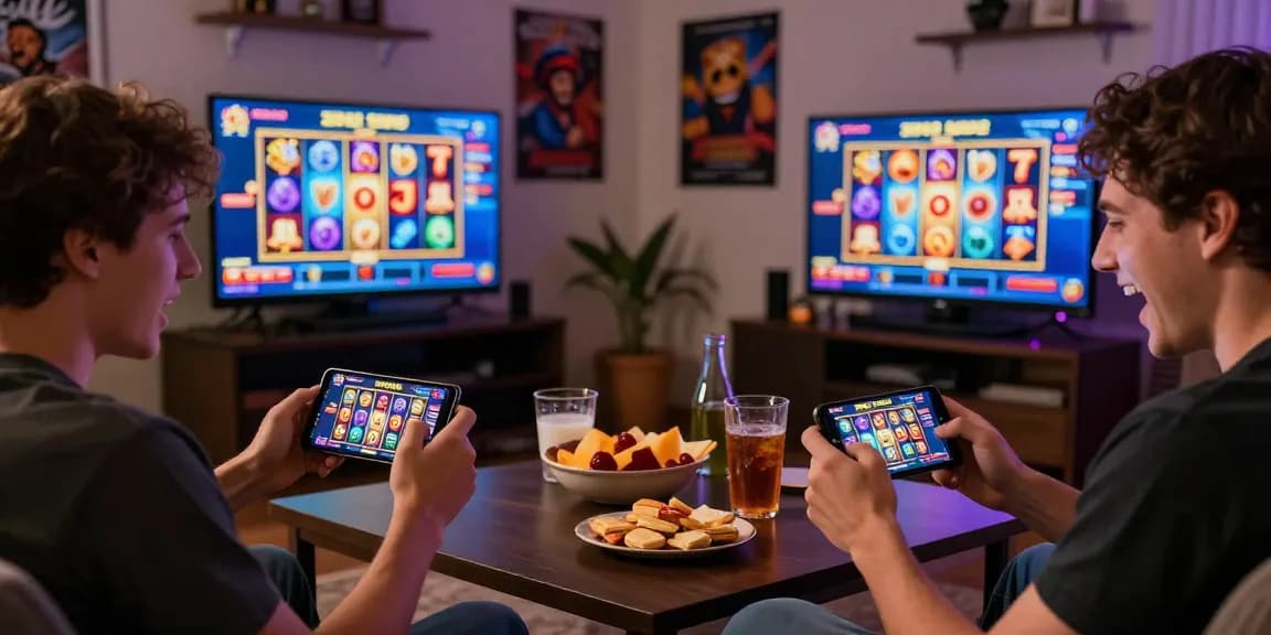 Excited players enjoying slot zeus games on their devices in a cozy living room.