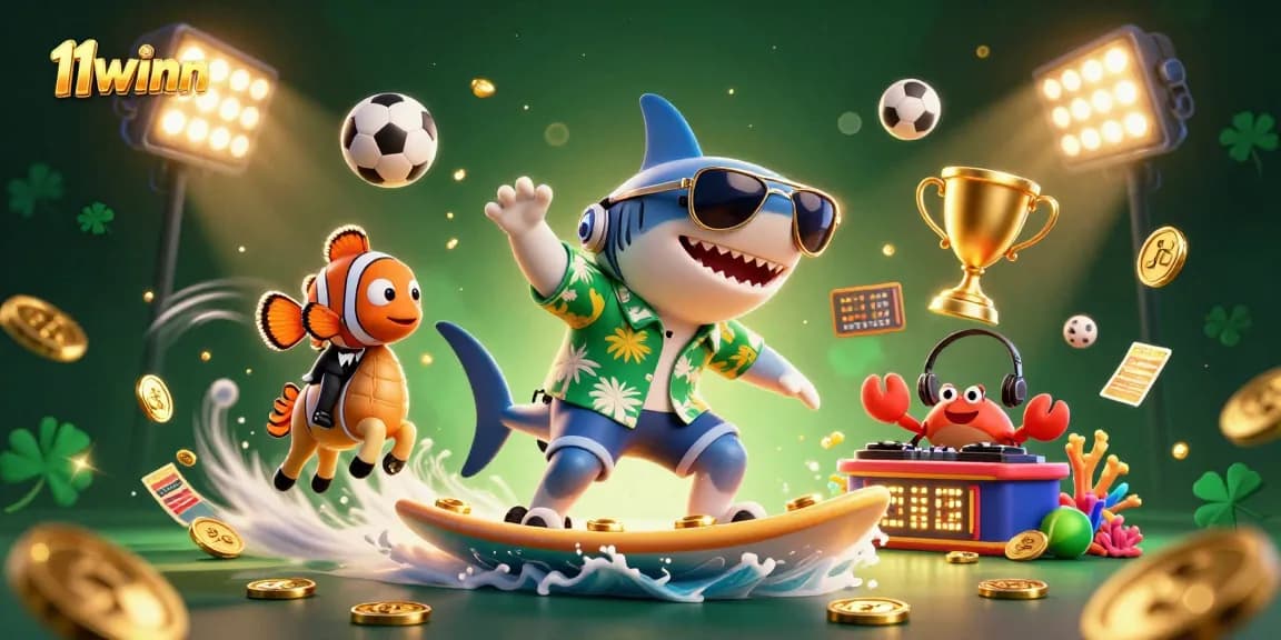 Experience the thrill of 11winn with a dynamic casino scene featuring a shark, clownfish, and crab DJ amidst exciting gaming elements.