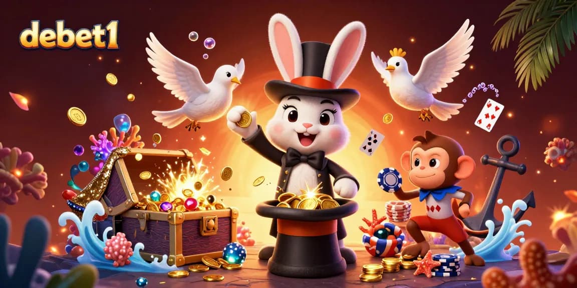 Engage with debet1's vibrant image of a magician rabbit, a dove, and a monkey amidst casino treasures.
