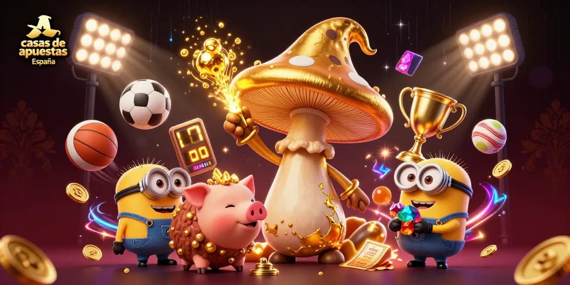 Apuesta en casas de apuestas España con un mago dorado, bolas deportivas y premios brillantes.