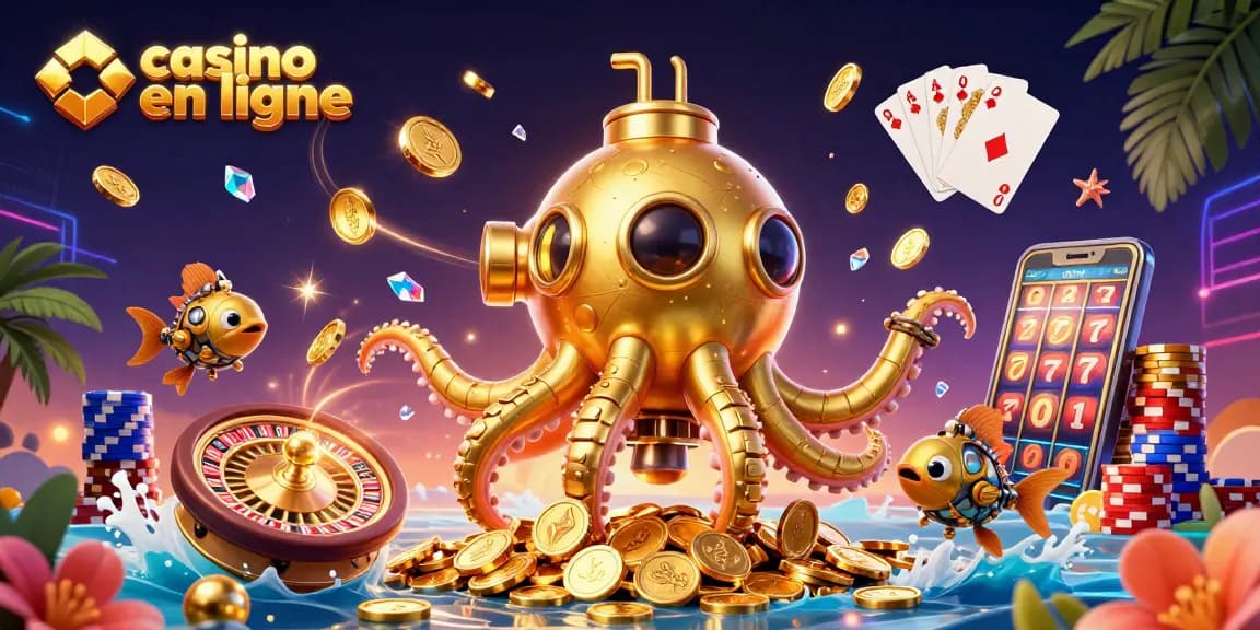 Illustrez l'univers des jeux de casino en ligne avec un kraken doré et des pièces d'or scintillantes.