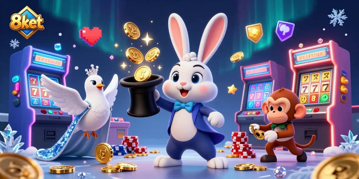 Engage with 8kbet's lively casino world featuring an enchanting magician, glamorous dove, and playful monkey.