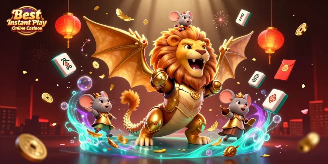 Experience the thrill at Best Instant Play Online Casinos with a roaring chimera and vibrant gaming elements.