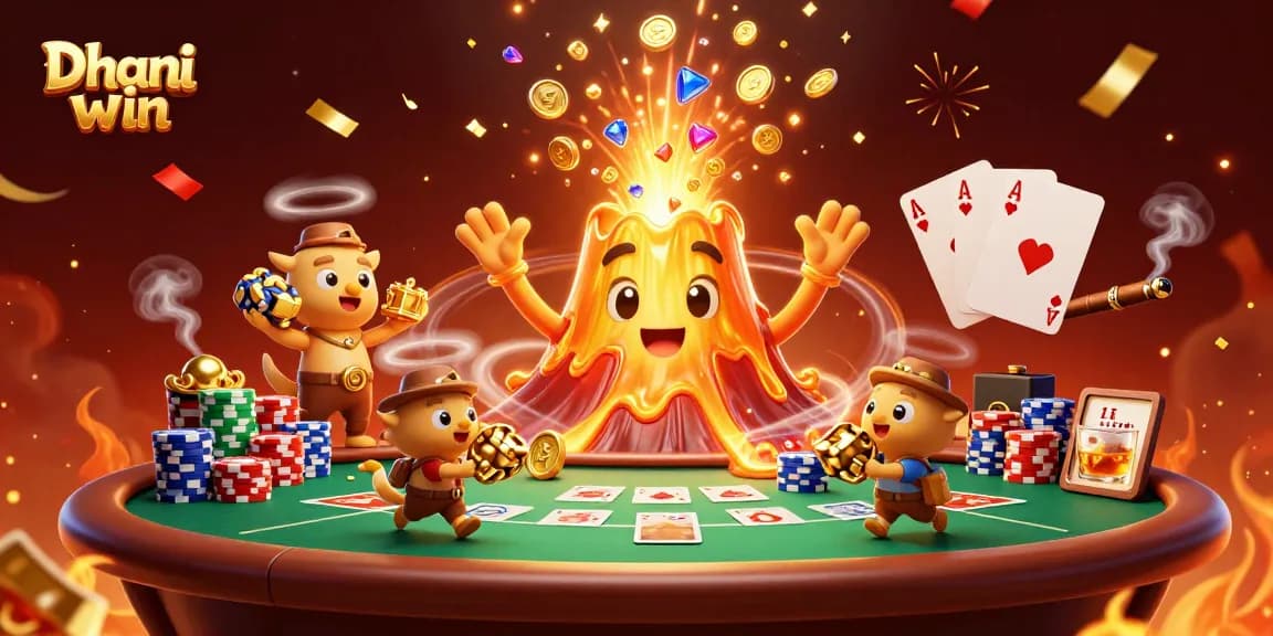 Dhani win showcases lively gaming with a triumphant volcano and treasure-filled explorers at a vibrant gambling scene.