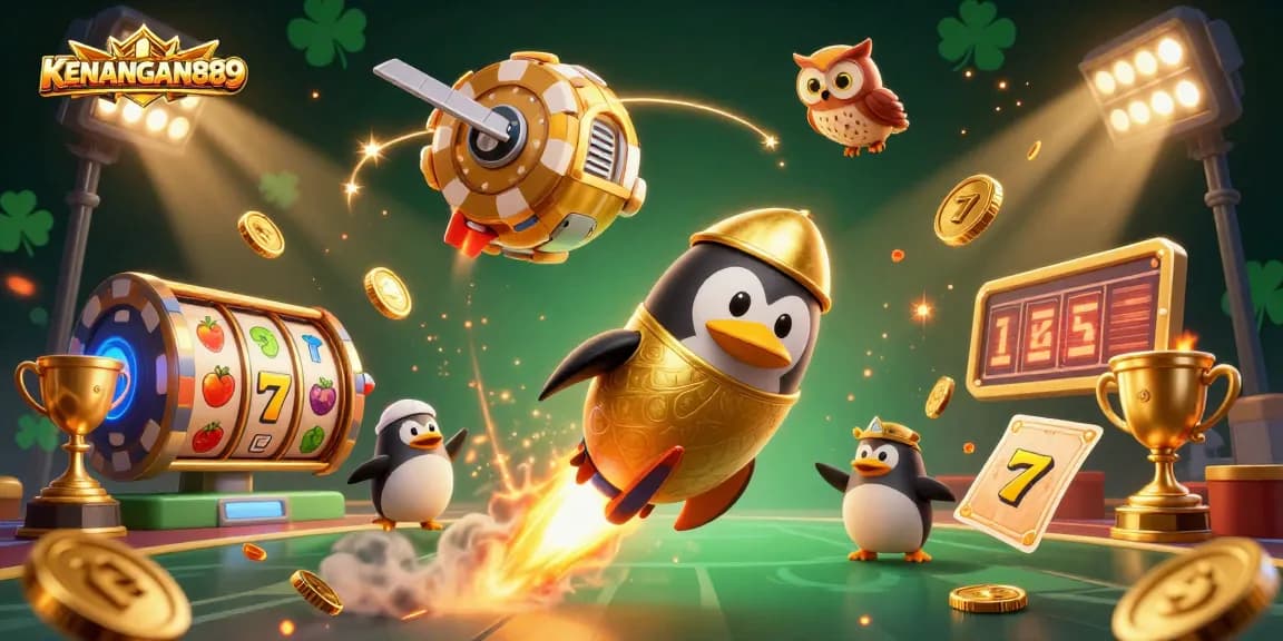 Watch KENANGAN889's golden penguin navigate a dynamic casino cosmos filled with slot reels and golden coins.
