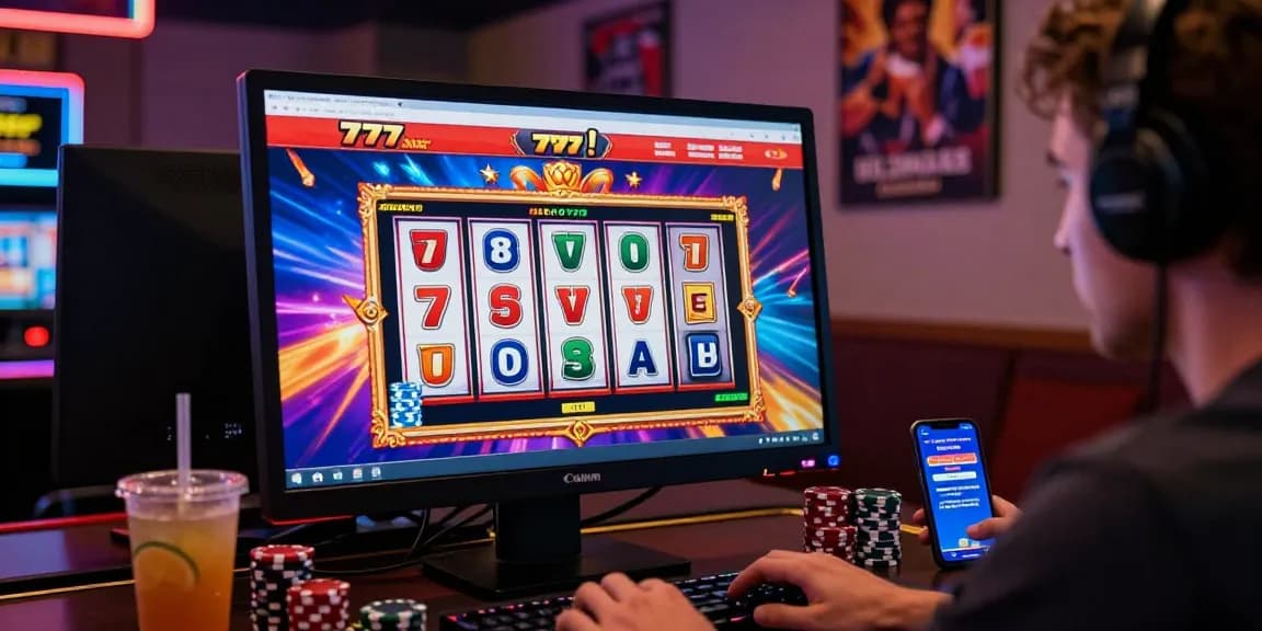 Engaged player enjoying slot777 online gaming with vibrant interface and digital jackpot.