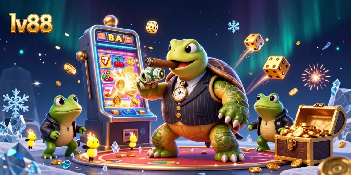 Experience thrilling gameplay at lv88 with cartoon casino characters amidst jackpot winnings and vibrant lights.