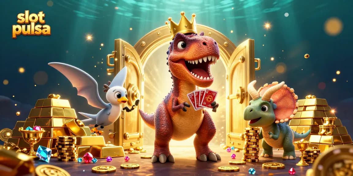 Play exciting games with slot pulsa at our casino, featuring a fun dinosaur-themed casino scene.
