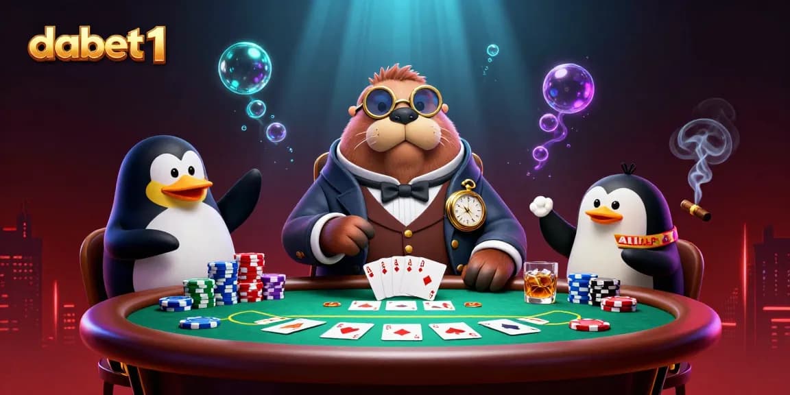 Dabet1 showcases a jolly walrus, penguin dealer, and bluffing pufferfish in an underwater poker scene.