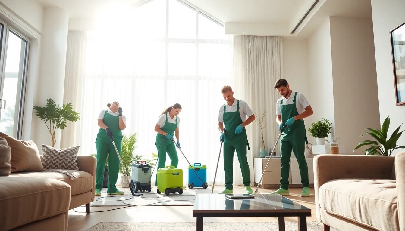 Efficient bond cleaning team thoroughly deep cleaning a modern home.